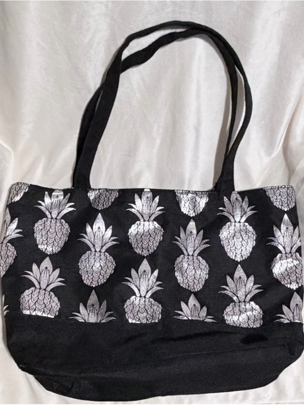 Black Zipper Tote Bag with Silver Pineapple Print